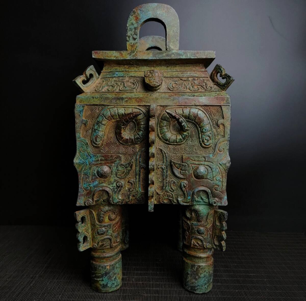 仁】『商周・青銅製・獣面四方鼎・青銅器・置物・賞物』極細工 古