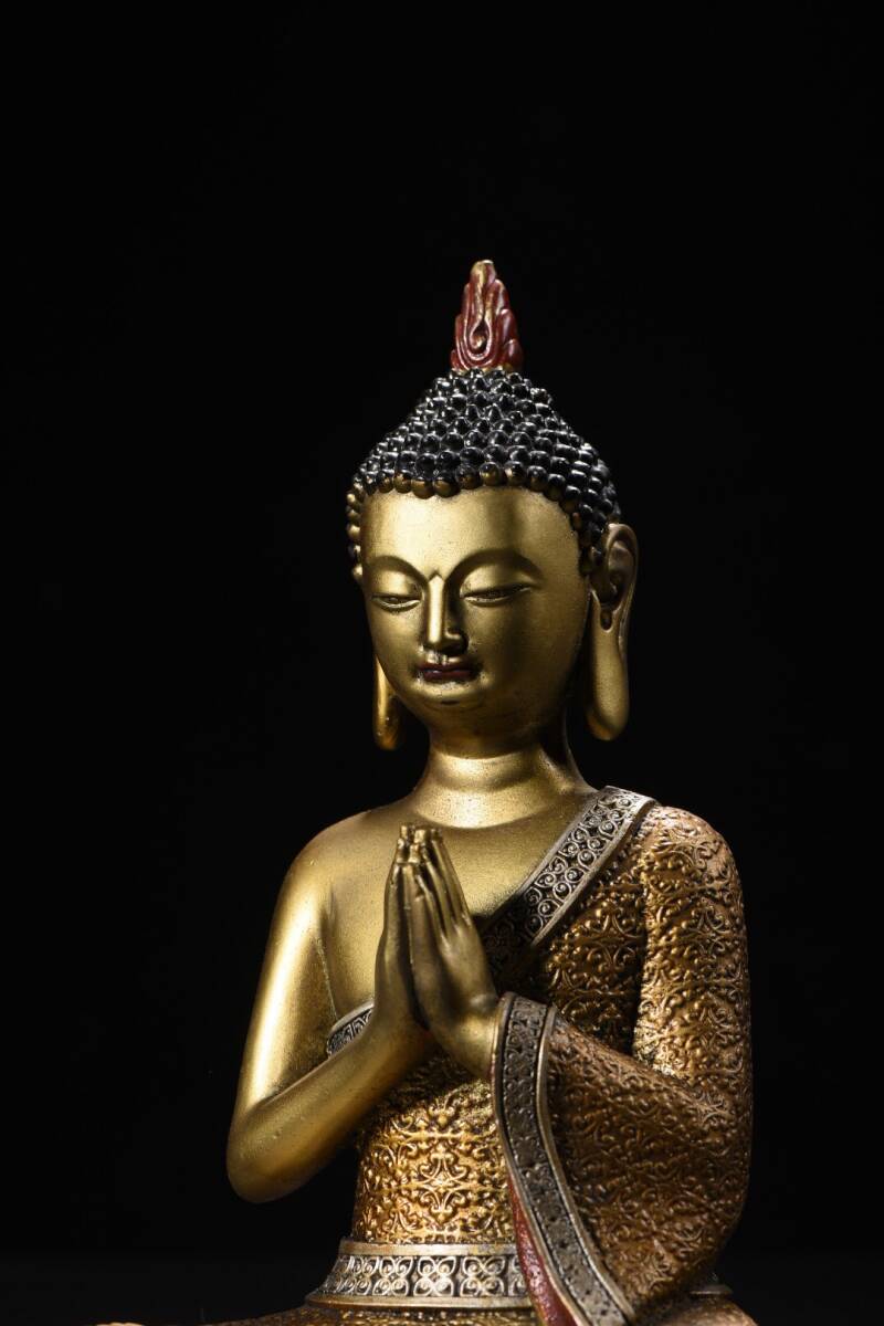 仁】『銅製・金鍍・彩繪・釋迦摩尼像・仏教古美術・供養品』極細工