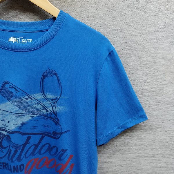 E355 Timberland ティンバーランド 半袖 Tシャツ カットソー アウトドア プリント フロント レギュラーフィット ブルー系 XS 十徳 ナイフ