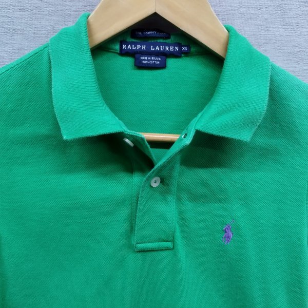 E405 RALPH LAUREN ラルフローレン 半袖 ポロシャツ SKINNY POLO ワンポイント ロゴ 刺繍 コットン レディース グリーン サイズ XS