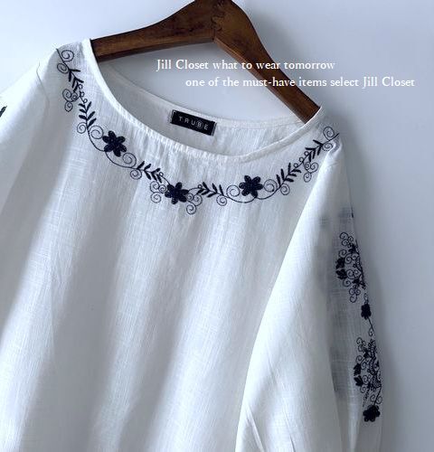 新品【送料185円】NATURAL刺繍 七分袖 COTTONブラウス*スタイルカバー◎プルオーバー* チュニック5082.WHITE