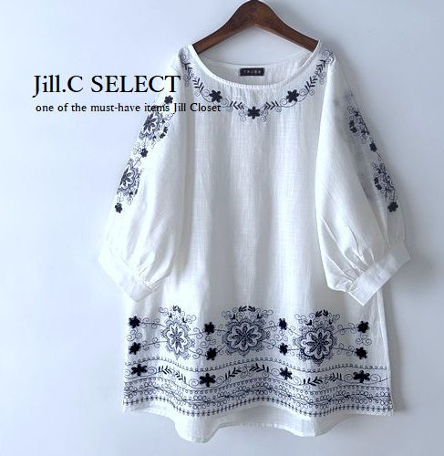 新品【送料185円】NATURAL刺繍 七分袖 COTTONブラウス*スタイルカバー◎プルオーバー* チュニック5082.WHITE