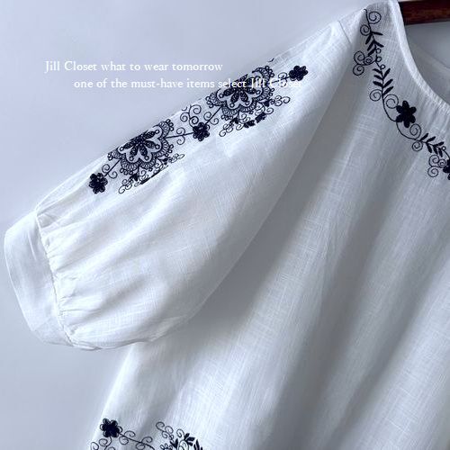 新品【送料185円】NATURAL刺繍 七分袖 COTTONブラウス*スタイルカバー◎プルオーバー* チュニック5082.WHITE