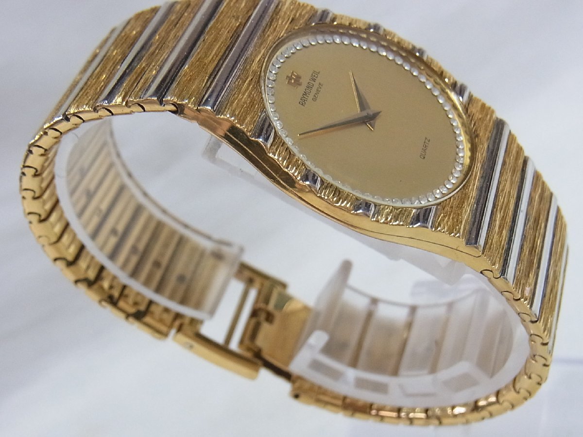 1円～【稼働】レイモンドウェル RAYMOND WEIL 9042 ラインストーン ドレスウォッチ ボーイズ 腕時(shí)計(jì) クォーツ 2針 クッション SSｘGP 本體