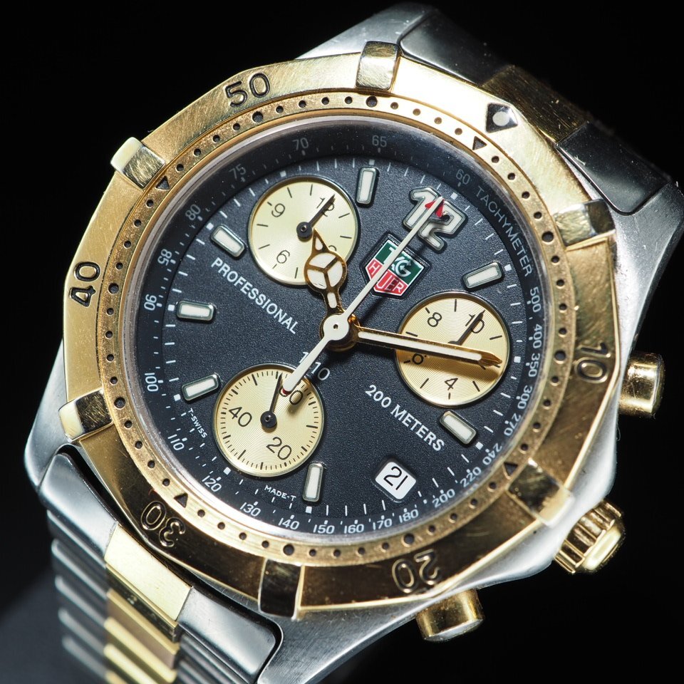 TAG HEUER TAG Heuer Professional 200M CK1120 QZ хронограф чёрный циферблат вращение оправа USED работа мужские наручные часы [26646]