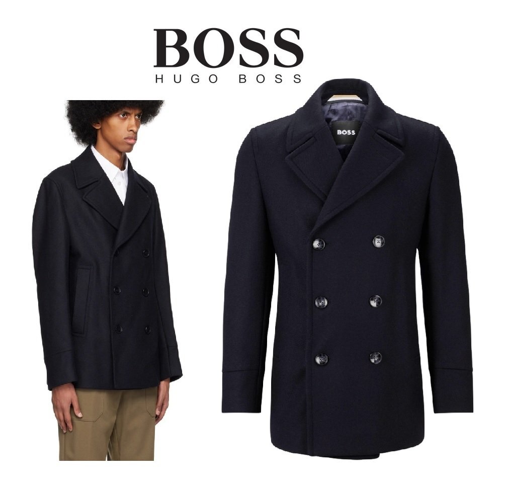 18萬新品◆50=M～L◆BOSS ヒューゴボス ウールブレンド素材 ダブルブレスト メルトンピーコート スリムフィット濃紺 1円