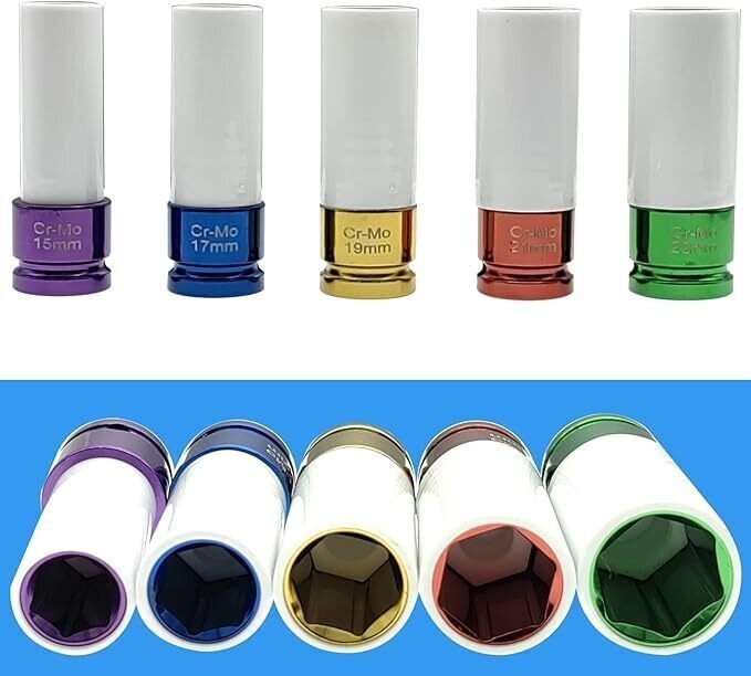 インパクトレンチソケットセット アルミホイールナットソケット 15mm 17mm 19mm 21mm 22mm 5ピース 薄口 差込角 1/2インチ