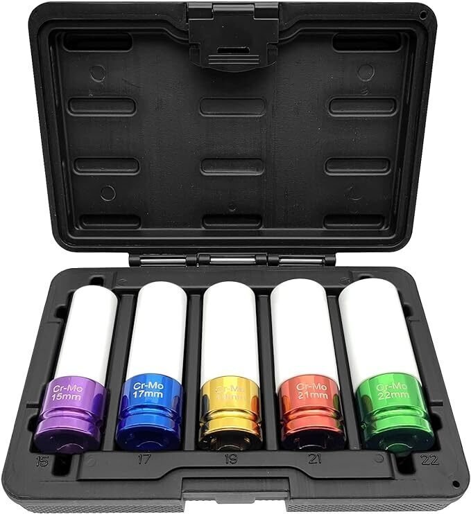 インパクトレンチソケットセット アルミホイールナットソケット 15mm 17mm 19mm 21mm 22mm 5ピース 薄口 差込角 1/2インチ