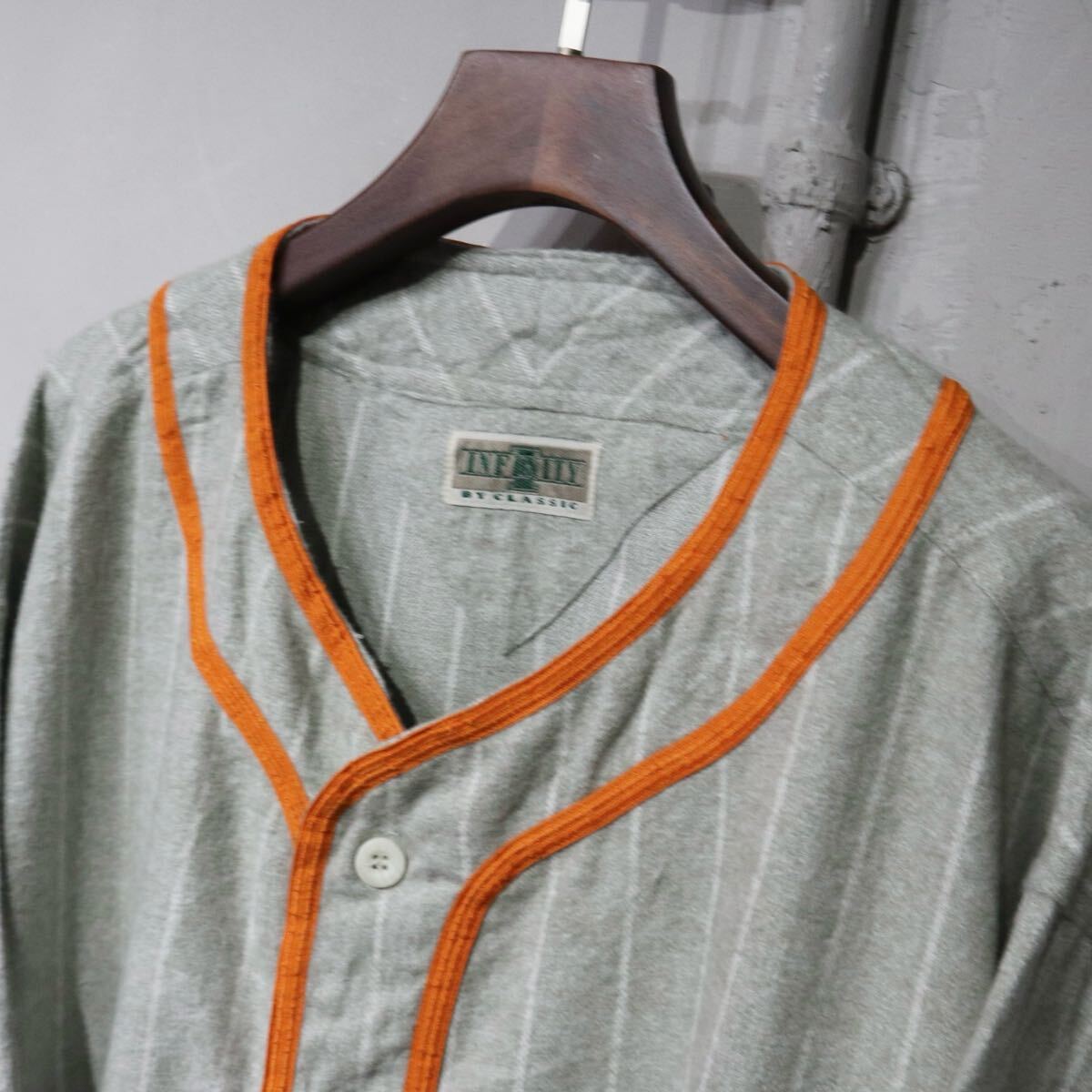 【即決】INFINITY インフィニティ ベースボールシャツ 半袖 パイピング オレンジ グレー ストライプ 古着 2XL deadstock デッドストック_画像3