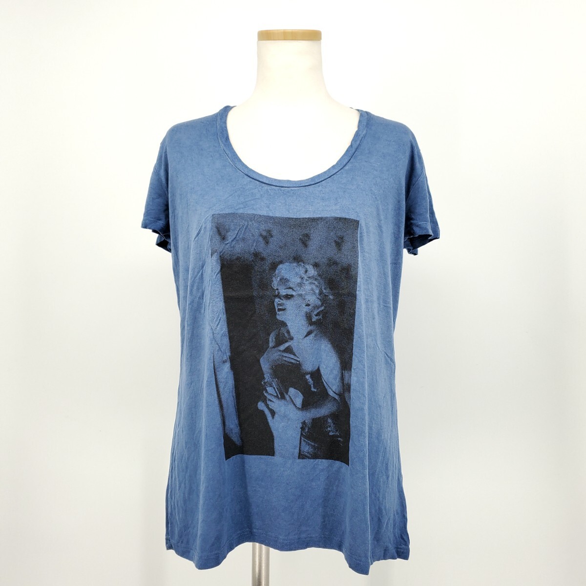 ◇b 【イタリア制】 ヴァレリー VALLERI プリント Uネック Tシャツ 半袖 レディース トップス 青 ブルー