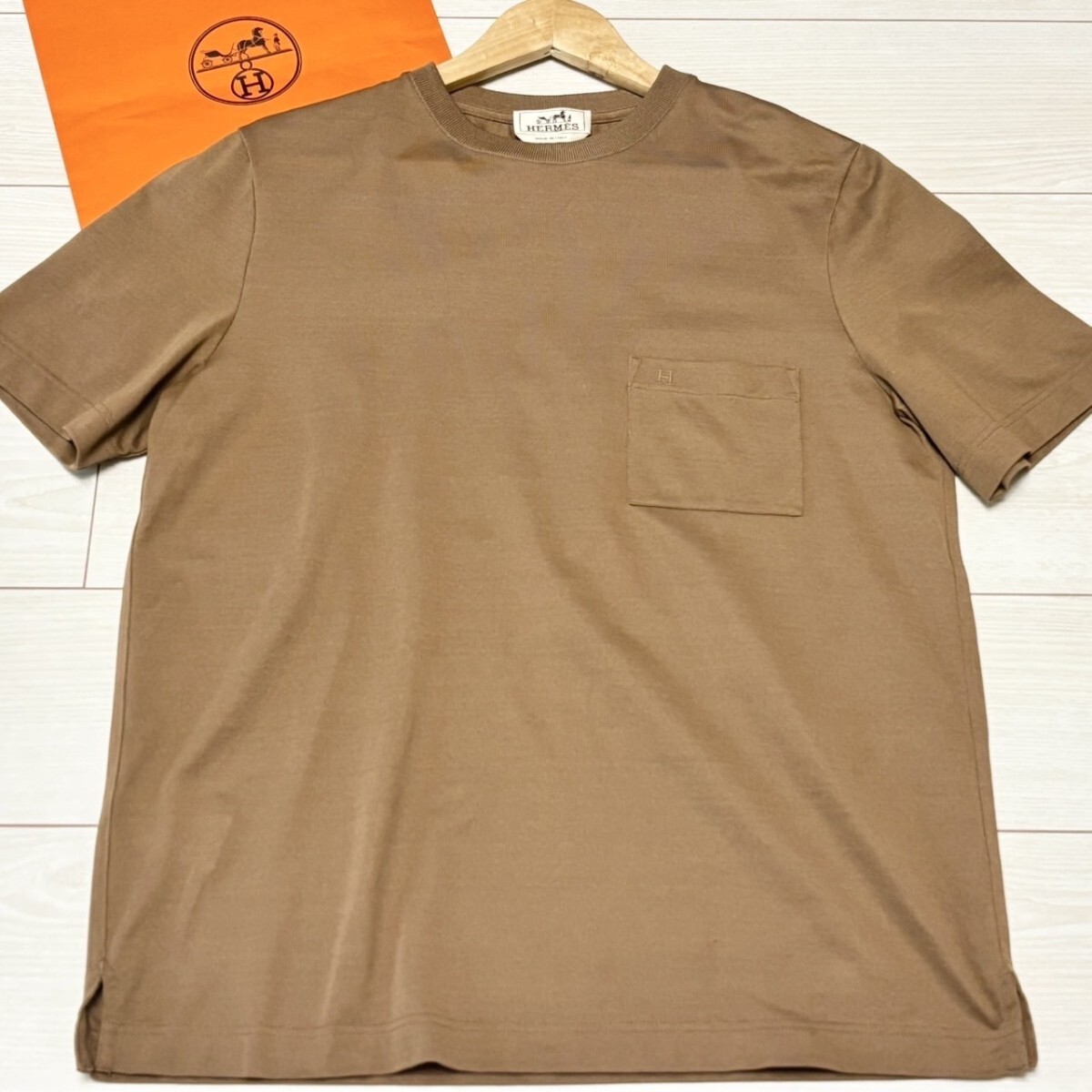 未使用級(jí)/Lサイズ●HERMES エルメス 胸ポケット H刺繍 コットン 半袖 Ｔシャツ クルーネック 綿100％ ブラウン メンズ トップス