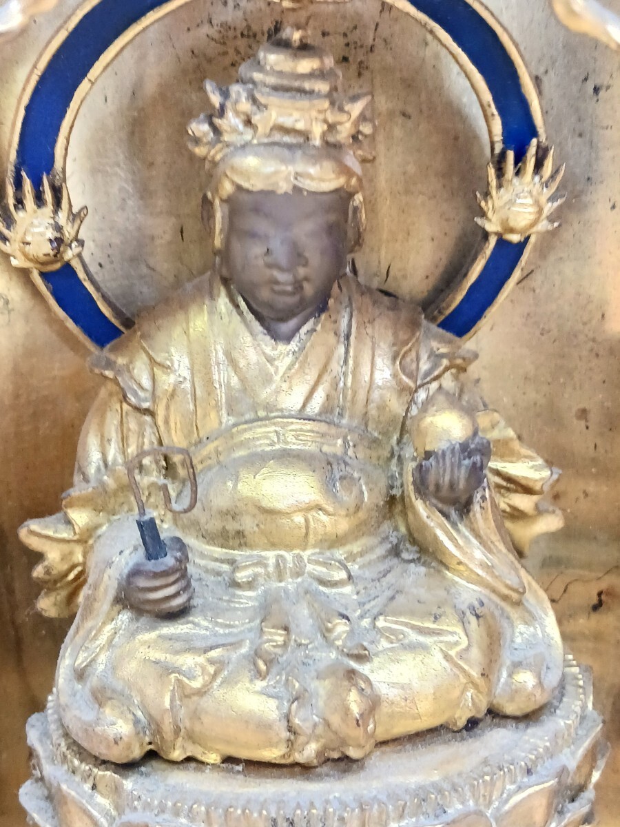 時代物 厨子 木彫 仏像 【蔵鍵と如意宝珠を持つ弁財天】 弁財天 仏教美術 金彩 時代物 厨子入り 木彫 仏像 【蔵鍵と如意宝珠を持つ弁財天