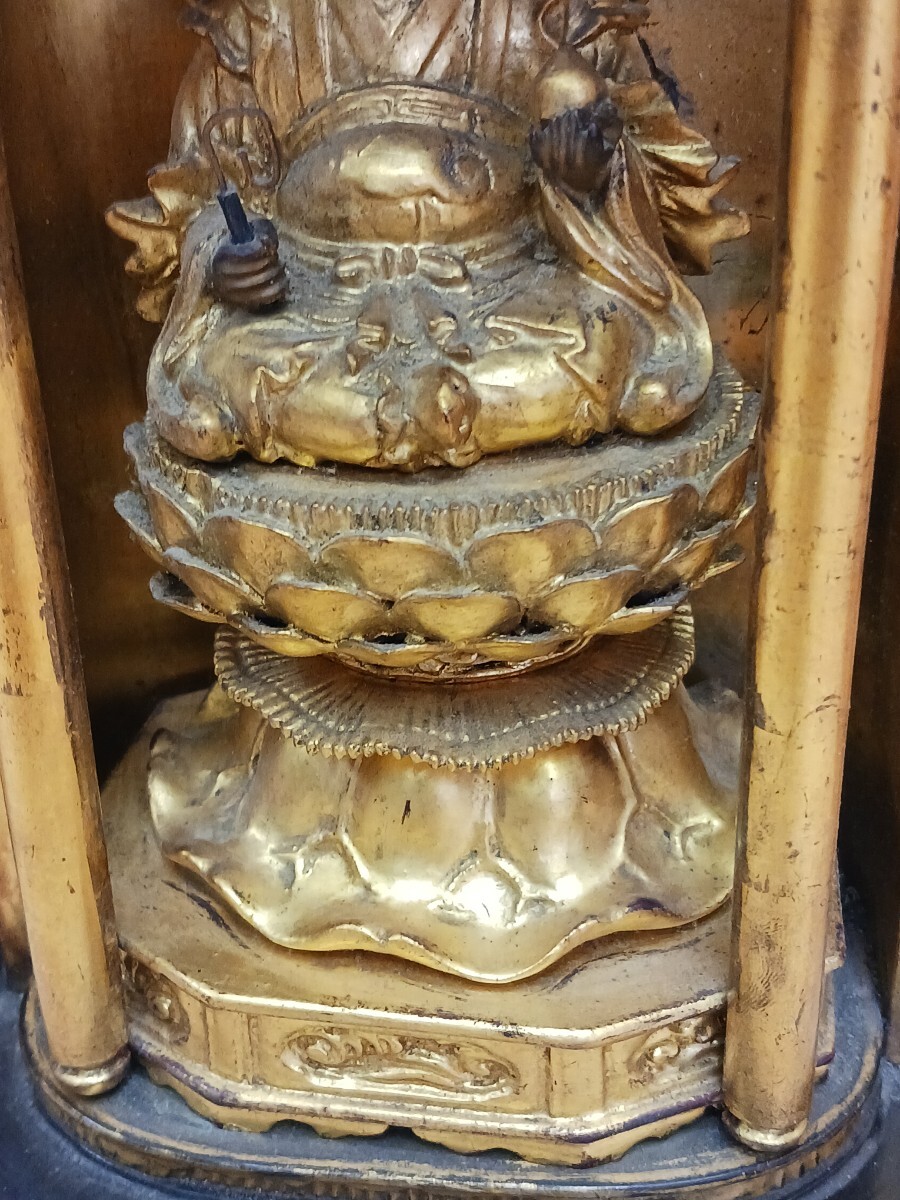 時代物 厨子 木彫 仏像 【蔵鍵と如意宝珠を持つ弁財天】 弁財天 仏教美術 金彩 時代物 厨子入り 木彫 仏像 【蔵鍵と如意宝珠を持つ弁財天