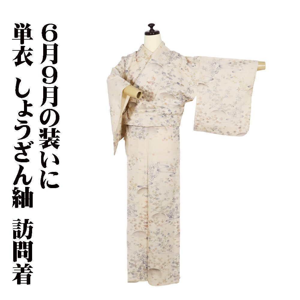 単衣 しょうざん紬 訪問着 正絹 ベージュ 暈し 菊 梅 南天 SSサイズ ki30661 ひとえ ほうもんぎ 夏着物 レディース 送料込み_画像1