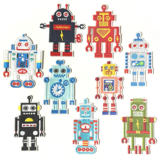 w8110 レトロなロボット ワッペン 刺繍アップリケ 9枚【リメイク 入園入学 手作り材料ハンドメイド アクセサリーパーツ素材】蒸気猫パーツ_画像1