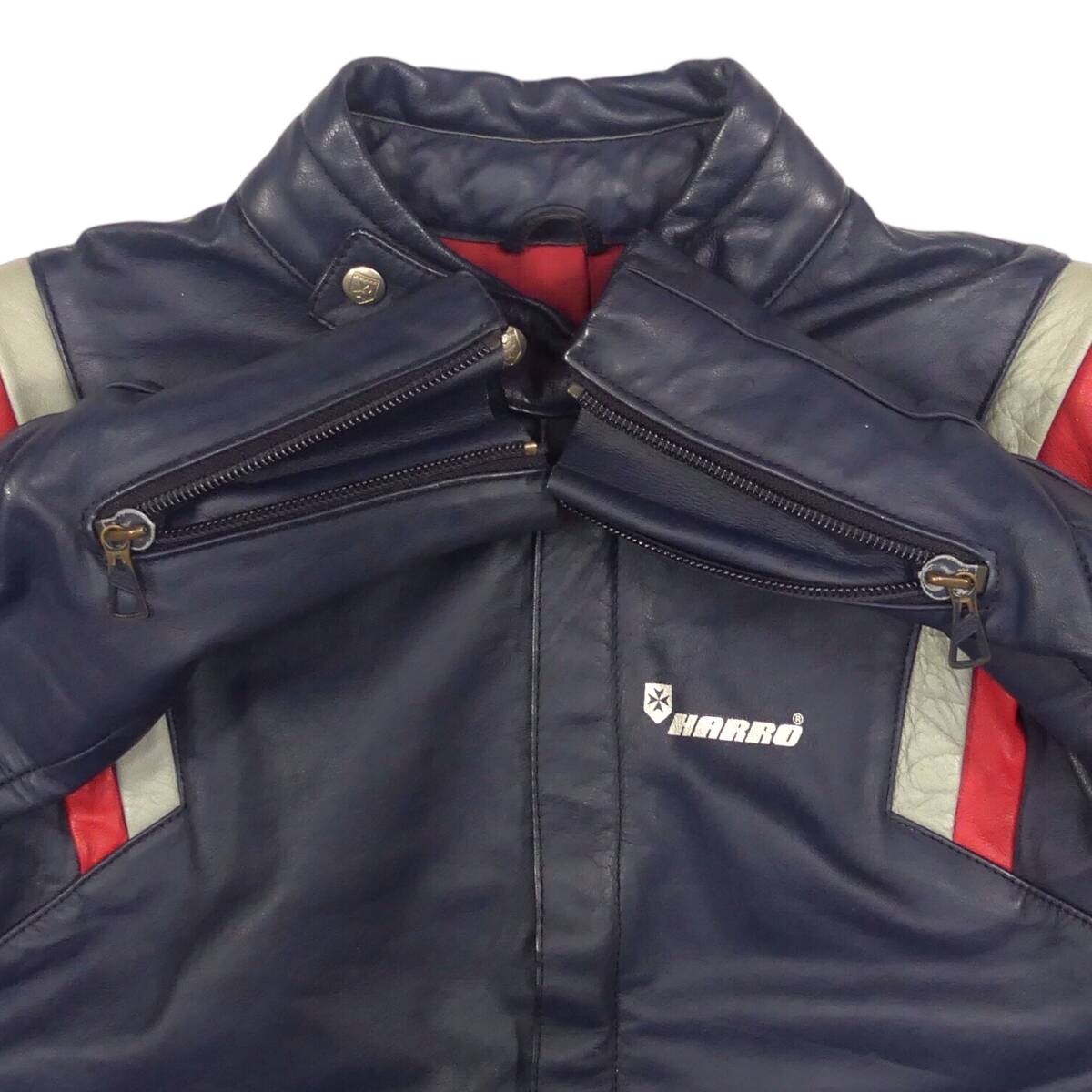 即決★HARRO★メンズ XL レザーライダースジャケット ハロ 42 ネイビー 赤 ドイツ制 80sヴィンテージ 本革 シングル 本皮 ライディング
