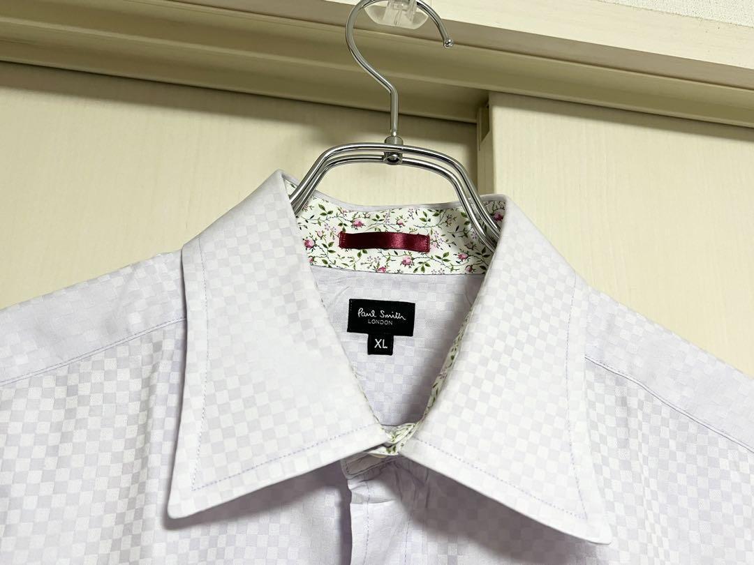 即決★美品 Paul Smith LONDON★XL チェックドレスシャツ ポールスミス ロンドン ラベンダー 花柄 ビジネス コットン