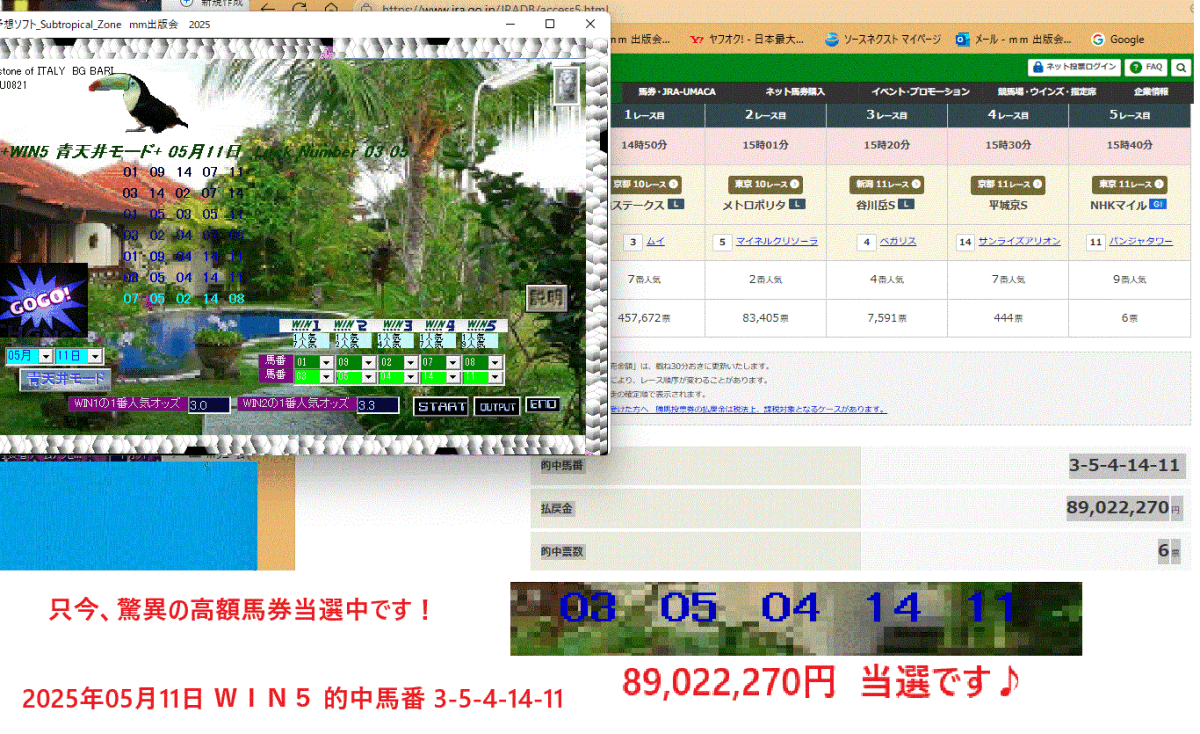 新作 競馬WIN5予想ソフト　[WIN5予想ソフト_Subtropical_Zone2025]　2025年05月11日 89,022,270円 当選！._画像1