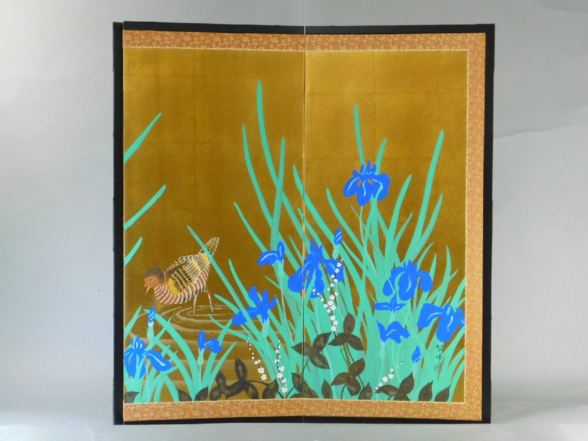 【大注目】 琴峰 在銘 四曲一隻 小屏風 日本画 花鳥図(菖蒲に水鳥)金地 絵画