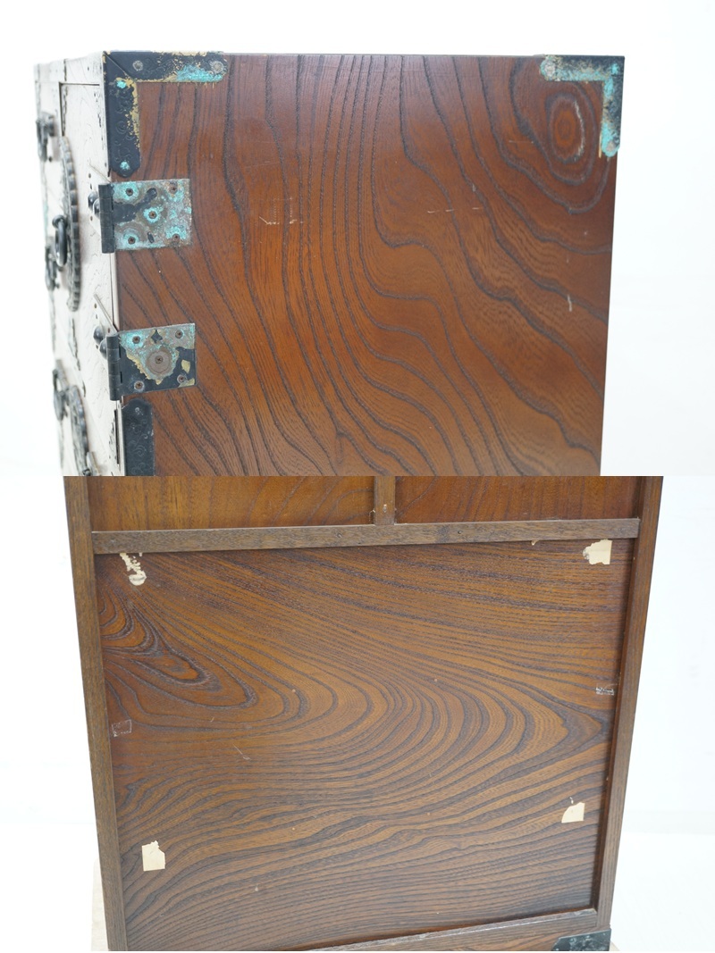前ダ:【時(shí)代簞笥】天然木 唐獅子牡丹金具 和簞笥 幅約55.1㎝ 高さ約76㎝ 抽斗5杯 裝飾金具 民蕓簞笥 民蕓家具 和タンス 和家具 