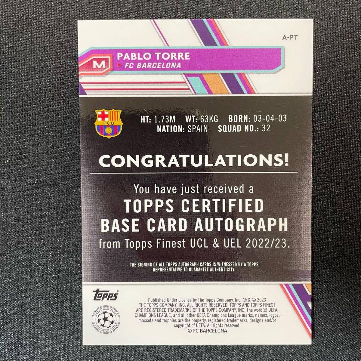 2022-23 Topps Finest UEFA Pablo Torre Auto Barcelona RC 直筆