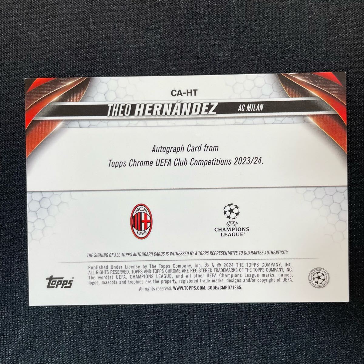 2023-24 Topps Chrome UEFA Theo Hernandez Auto AC Milan 直筆