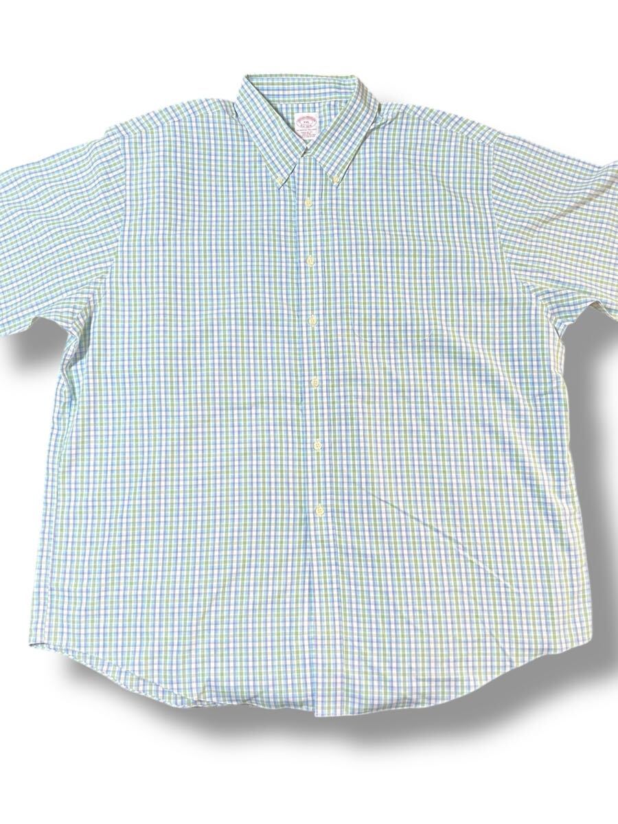Brooks Brothers Est.1818 半袖シャツ XXL グリーン×ブルー系チェック柄●洗濯プレス済●ネコポス可●ブルックスブラザーズ 古著/316