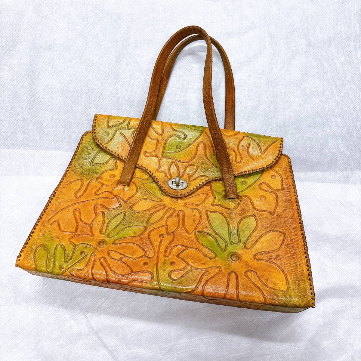 【03】ハンドメイド？ 本革？風(fēng) ハンドバッグ 鞄 中古品
