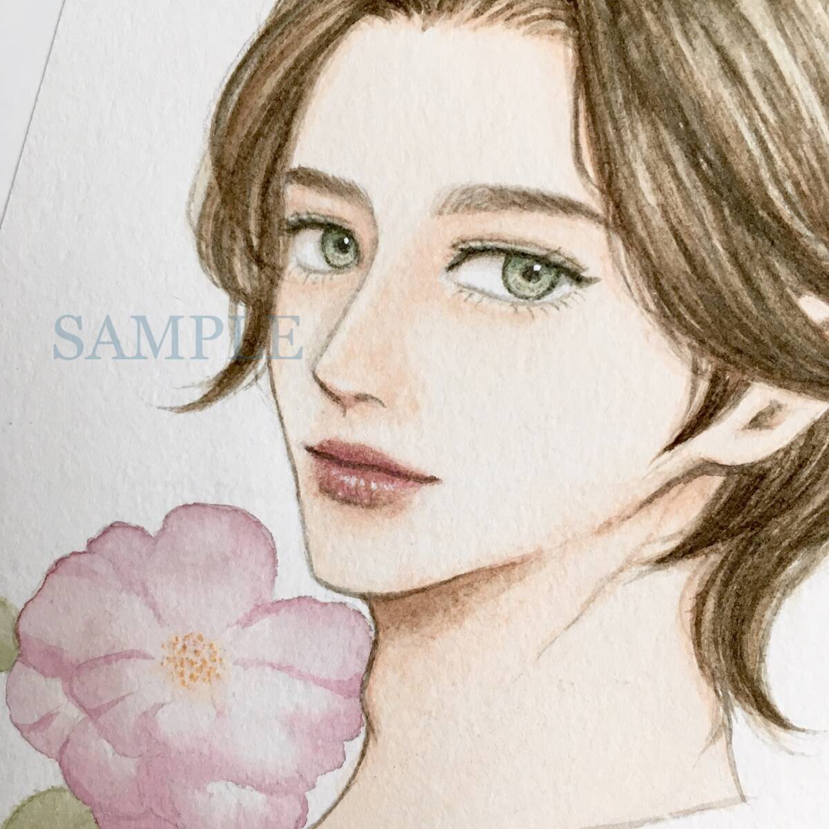 『意地』(手描きイラスト・オリジナル・絵画・水彩画・人物画・原画) 水彩画 手描きイラスト アナログ 絵 原画 美青年 花 男性