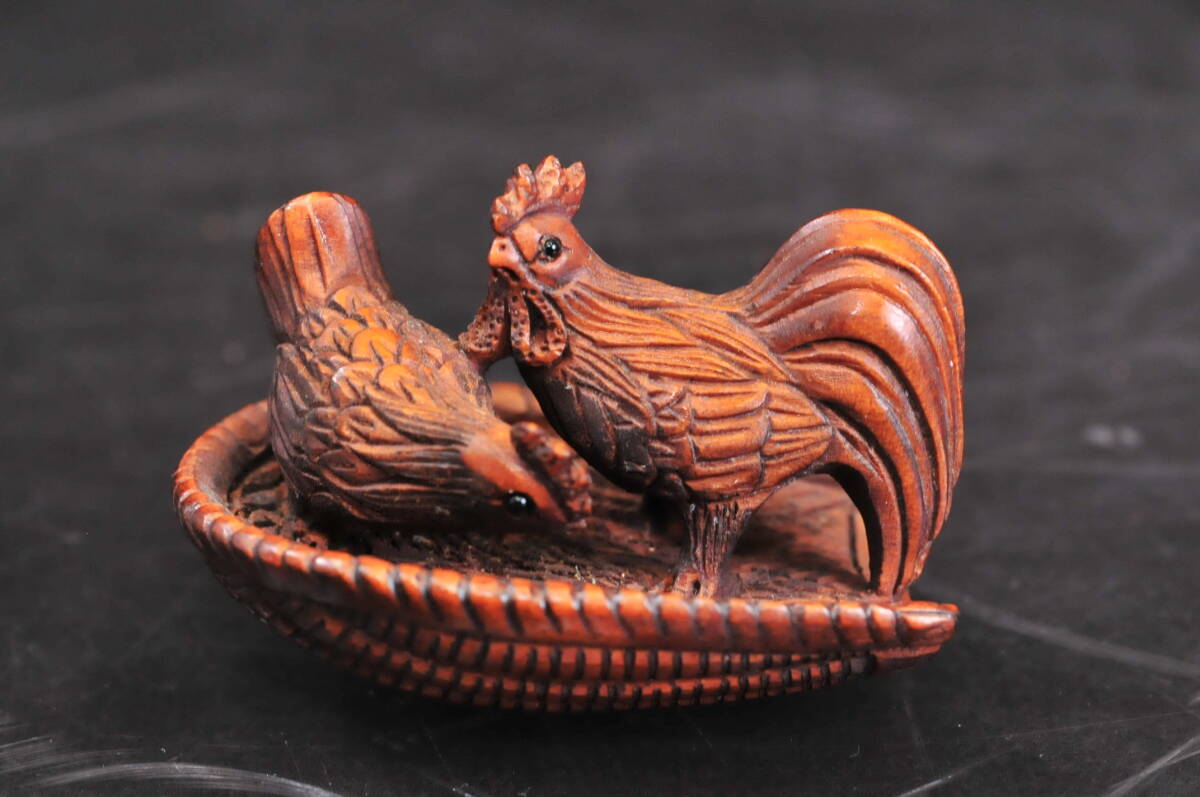 根付7點　無銘　鼠　蛙　亀　鶏等　唐木　木彫　細密彫刻　03403073-5　　 