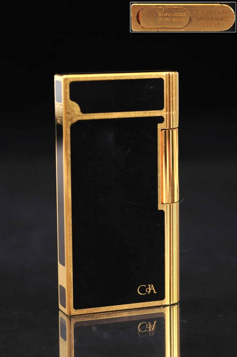 【ライター】　カランダッシュ　CARAN d‘ACHE　ブラック（漆）＆ゴールド　ガスライター　ローラー式　箱無(wú)?中古品　03304015-1