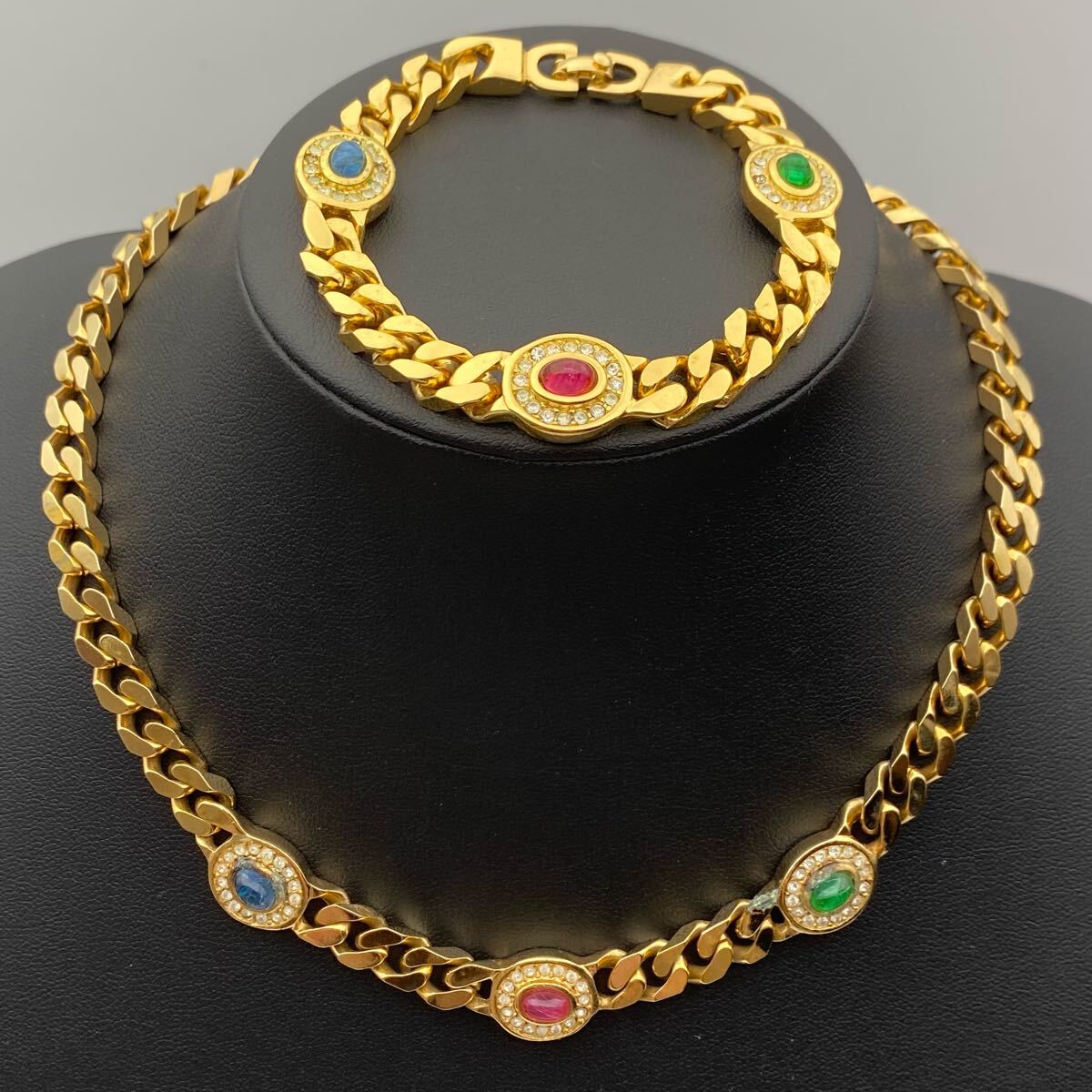【超希少?極美品】Christian Dior クリスチャンディオール ネックレス チョーカー ブレスレット バングル カラーストーン ラインストーン 