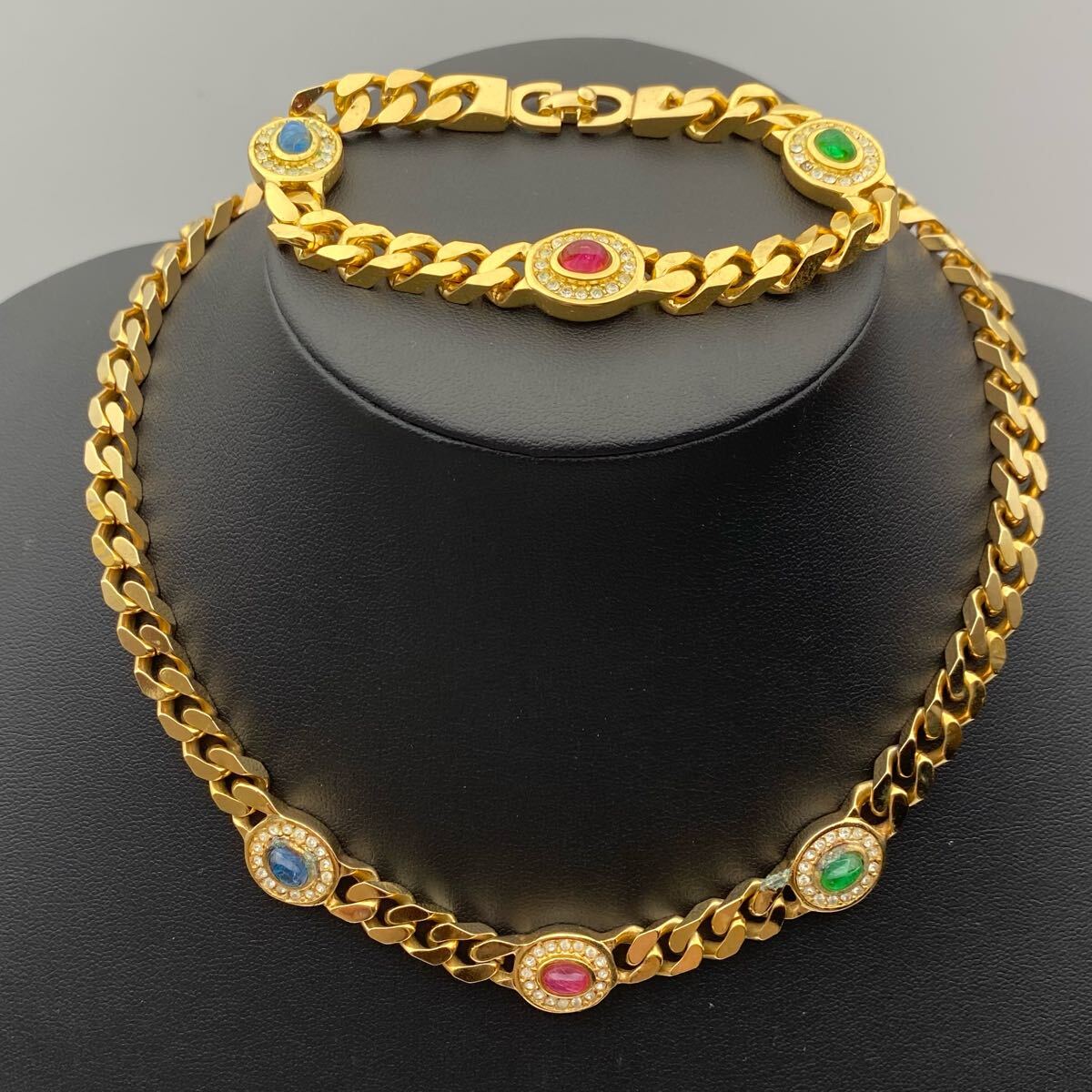 【超希少?極美品】Christian Dior クリスチャンディオール ネックレス チョーカー ブレスレット バングル カラーストーン ラインストーン 