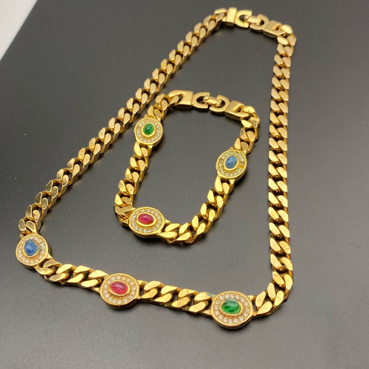 【超希少?極美品】Christian Dior クリスチャンディオール ネックレス チョーカー ブレスレット バングル カラーストーン ラインストーン 