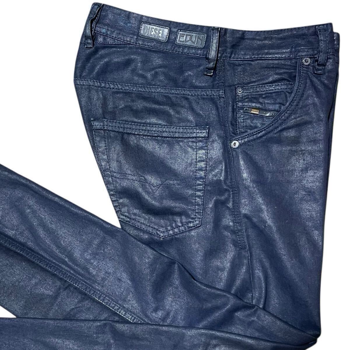 【圧倒的高級(jí)感】DIESEL×EDUN コーティング加工 デニムパンツ W29 ディーゼル ED-KREEL メンズ ジーンズ コラボデニム ネイビー ツヤ光沢