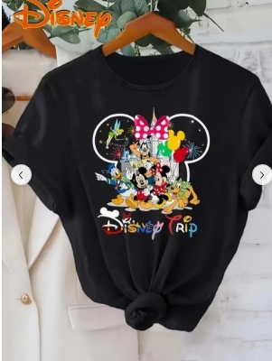 ディズニー　レディース 半袖Tシャツ - 公式ライセンス キャラクタープリント, ブラック ラウンドネック トップス 