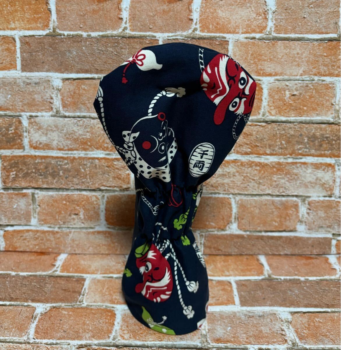 ドライバー ゴルフ ヘッドカバー ハンドメイド DR用 お面柄(濃紺)帆布生地 クラブ用 コンペ 賞品 和風 ゴルフアクセサリー_画像4