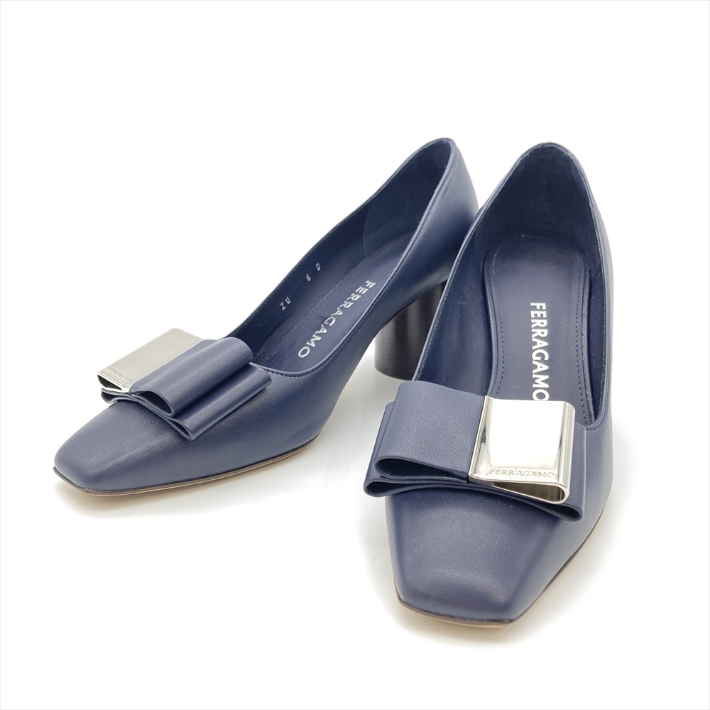 フェラガモ Ferragamo ダブル ボウ パンプス レザー LENA60 ネイビー サイズ6 チャンキーヒール 6cm スクエアトゥ リボン レディース