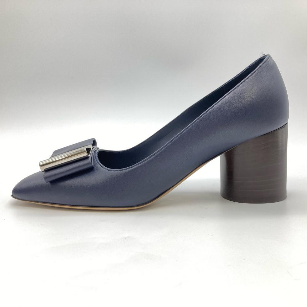 フェラガモ Ferragamo ダブル ボウ パンプス レザー LENA60 ネイビー サイズ6 チャンキーヒール 6cm スクエアトゥ リボン レディース