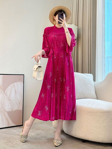 NEW2505 женский tops плиссировать pleats длинный рукав One-piece туника длинный длина ощущение эластичность dore-p.... деликатный . бисер украшение темный розовый 