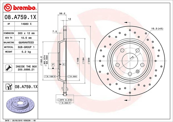 ブレンボ エクストラブレーキディスク リア左右セット A5 8TCALF/8FCALF 08.A759.1X brembo XTRA BRAKE DISC ブレーキローター