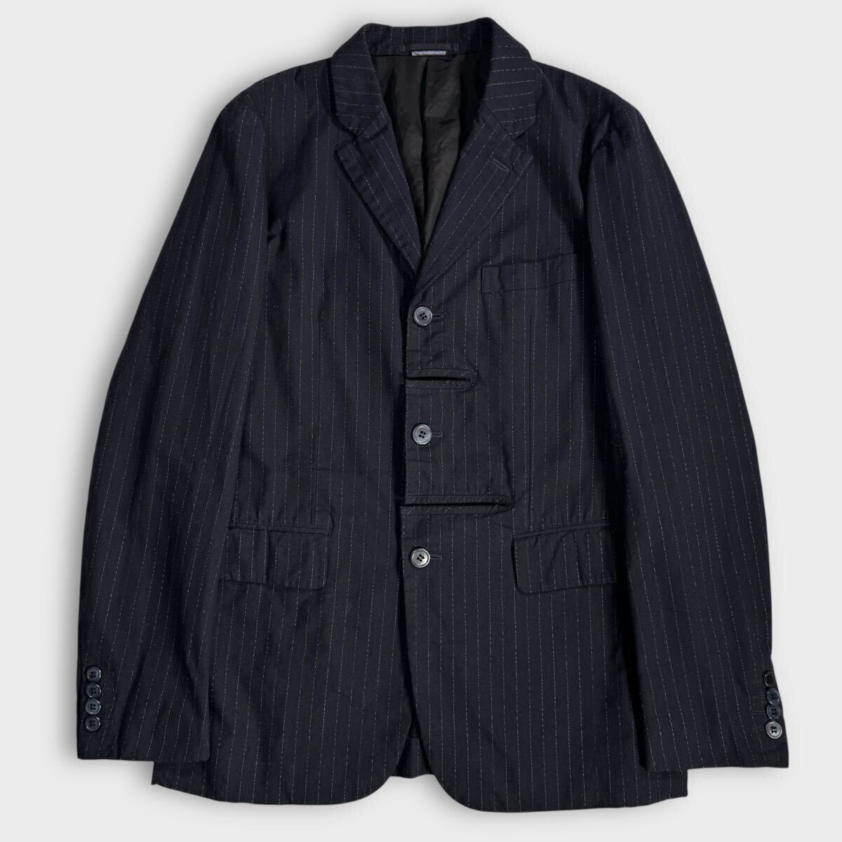 希少 美品 極上こなれ感 后染め コムデギャルソン デザイン テーラードジャケット ネイビー ストライプ 通年 オールシーズン