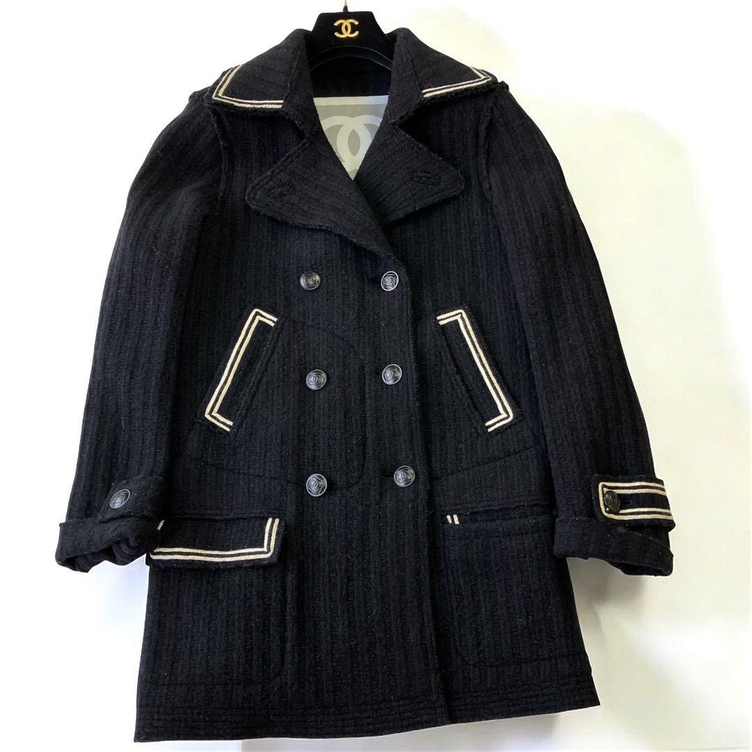CHANEL シャネル　正規(guī)品　ココマーク　黒白　ロングコート 黒　ツイード　チェスター　ダブル　 ウール サイズ : L?XL boutique