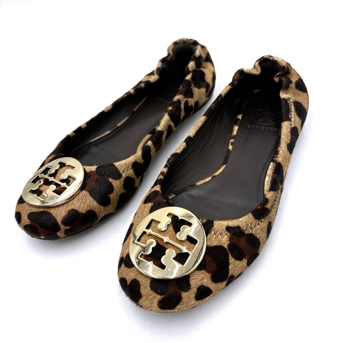 M ＊ '名作モデル' TORY BURCH トリーバーチ 本革 ヒョウ柄 ハラコレザー ロゴプレート バレエシューズ / フラット パンプス 7.5M 24.5cm