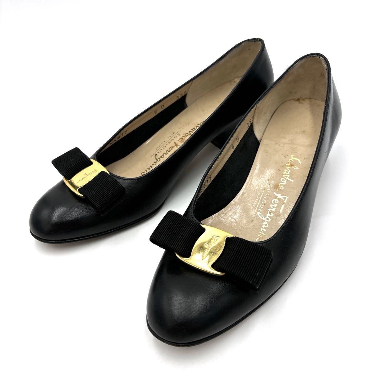 M ＊ イタリア制 '高級(jí)婦人靴' Salvatore Ferragamo サルヴァトーレフェラガモ 本革 ヴァラリボン ヒール / パンプス 6B 23cm レディース