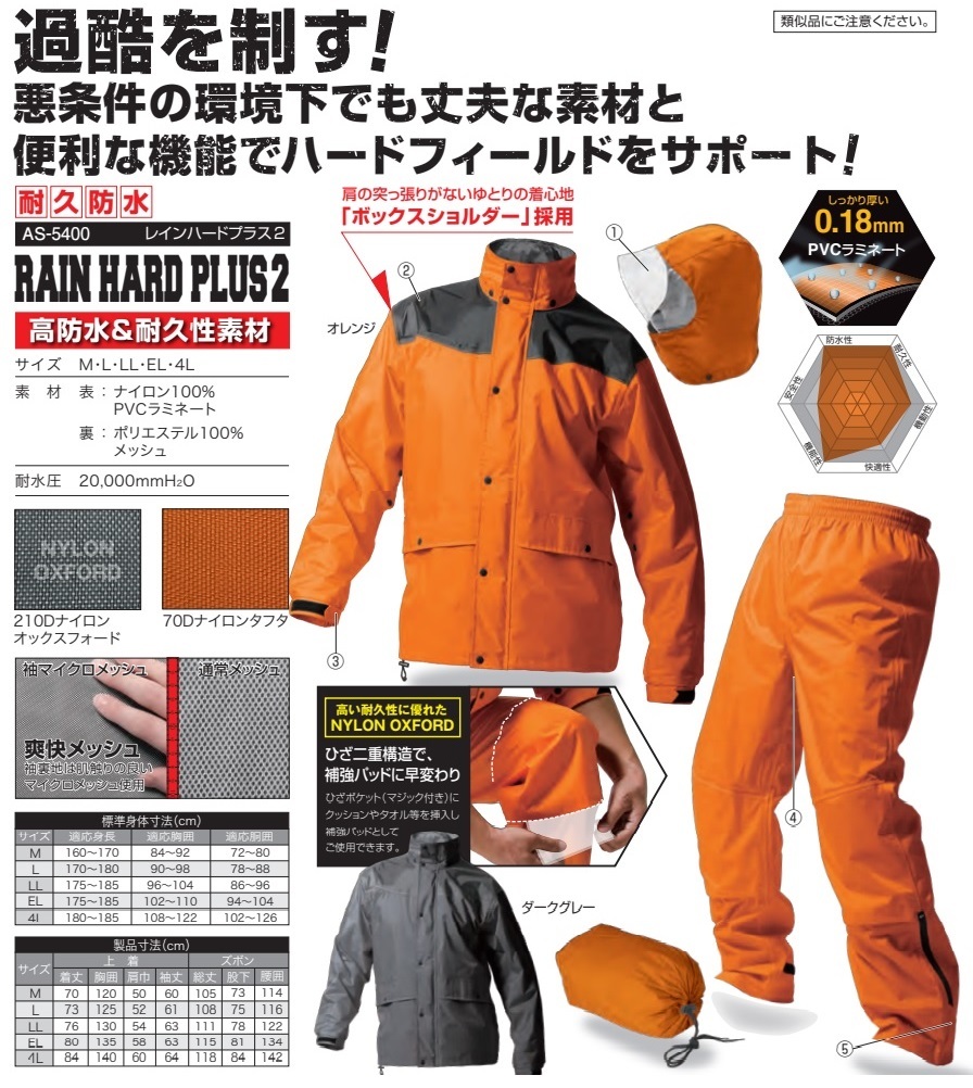 AS5400／強(qiáng)い！高耐久＆高防水＆機(jī)能性抜群！レインスーツ レインウェア 上下セット グレー EL(3L)サイズ バイク ハードワーク 20,000mmH2O