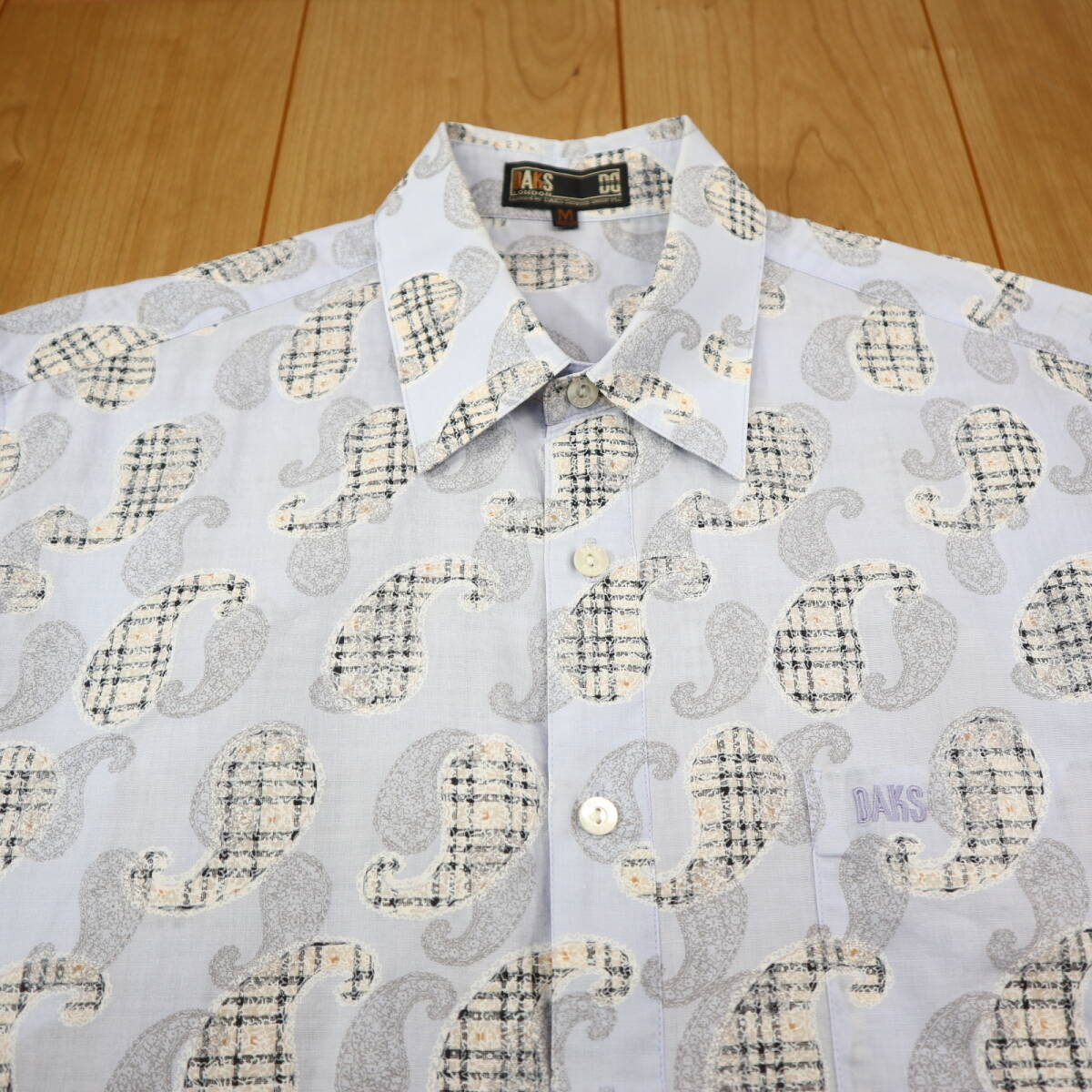 美品★綿麻★DAKS GOLF ダックス・ゴルフ コットンリネン チェックペイズリー半袖シャツ/Mサイズ_画像4