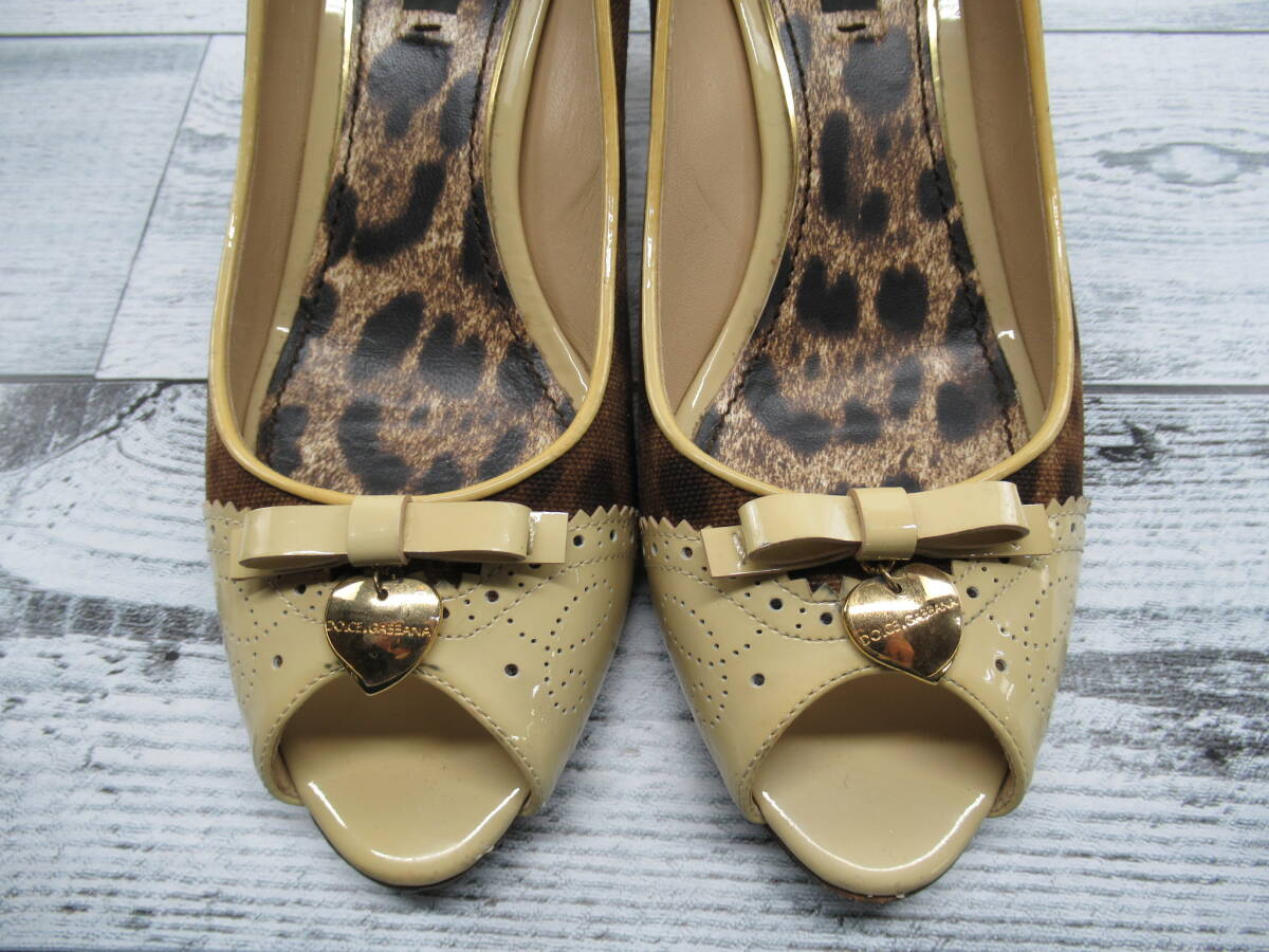 ★【B送900円】1697　DOLCE&GABBANA　ドルチェ＆ガッバーナ　レザーパンプス　レオパード　ヒョウ柄　オープントゥ　リボン　エナメル　38
