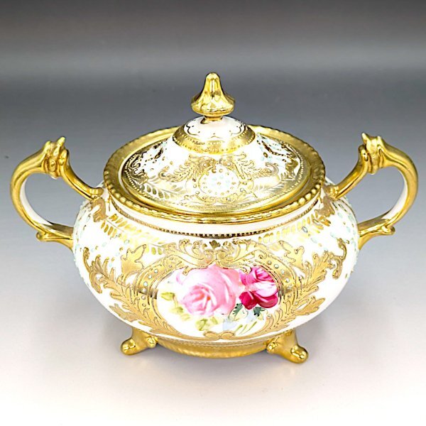 【豪華希少】オールドノリタケ 金盛 ターコイズ エナメル ジュエル 裝飾 三つ足 シュガーポット 明治期 里帰り