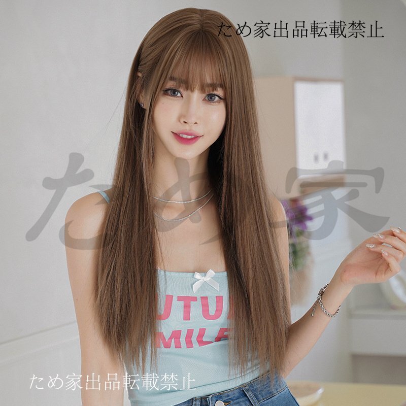 新品人毛 ロングストレート 韓国風 ナチュラルウィッグ キャラメルブラウンカラー 快適着用 つむじ部分手植え 自然に見えますフルウィッグ_画像3
